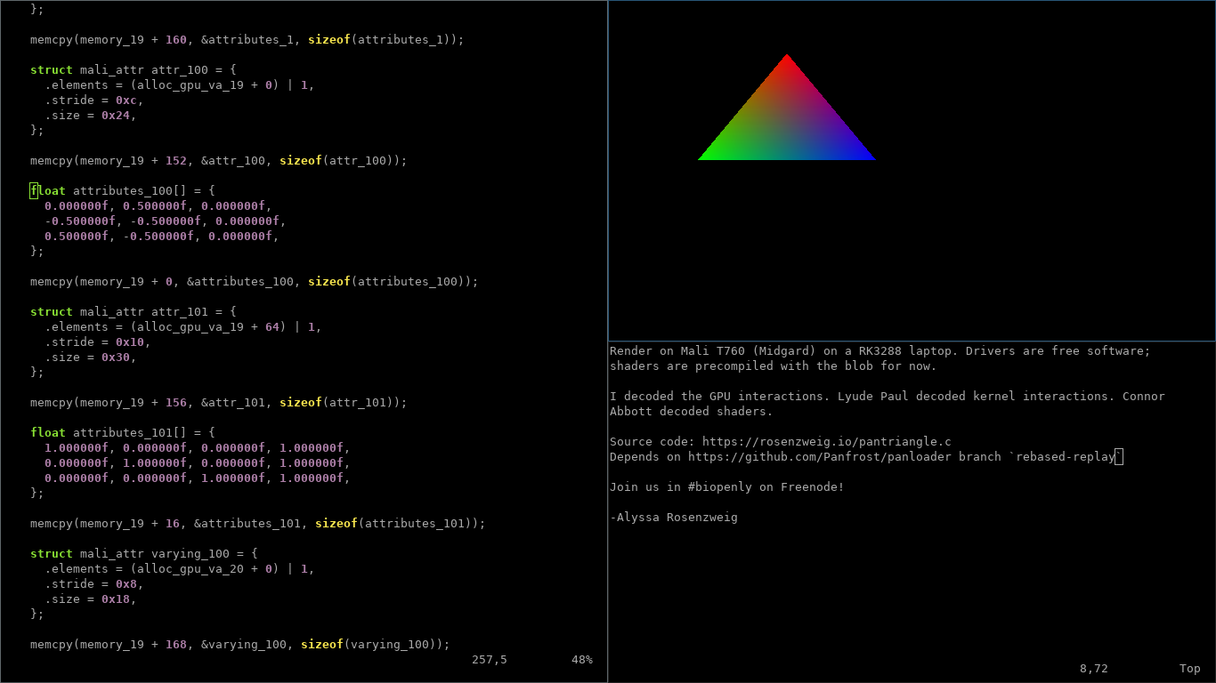 Screenshot of C source code, a rainbow triangle, and text about reverse-engineeing